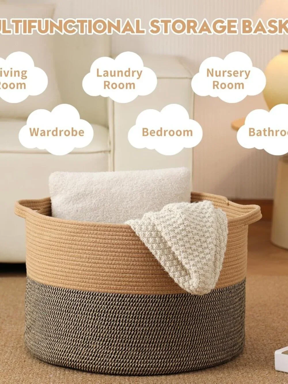 New Foldable Laundry Hamper Basket with Collapsible Handle Cotton Rope Soft Wov